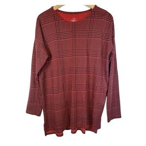 J Jill Black Red 3/4 Sleeve Buffalo Plaid Supima Cotton Tunic Top Women Medium